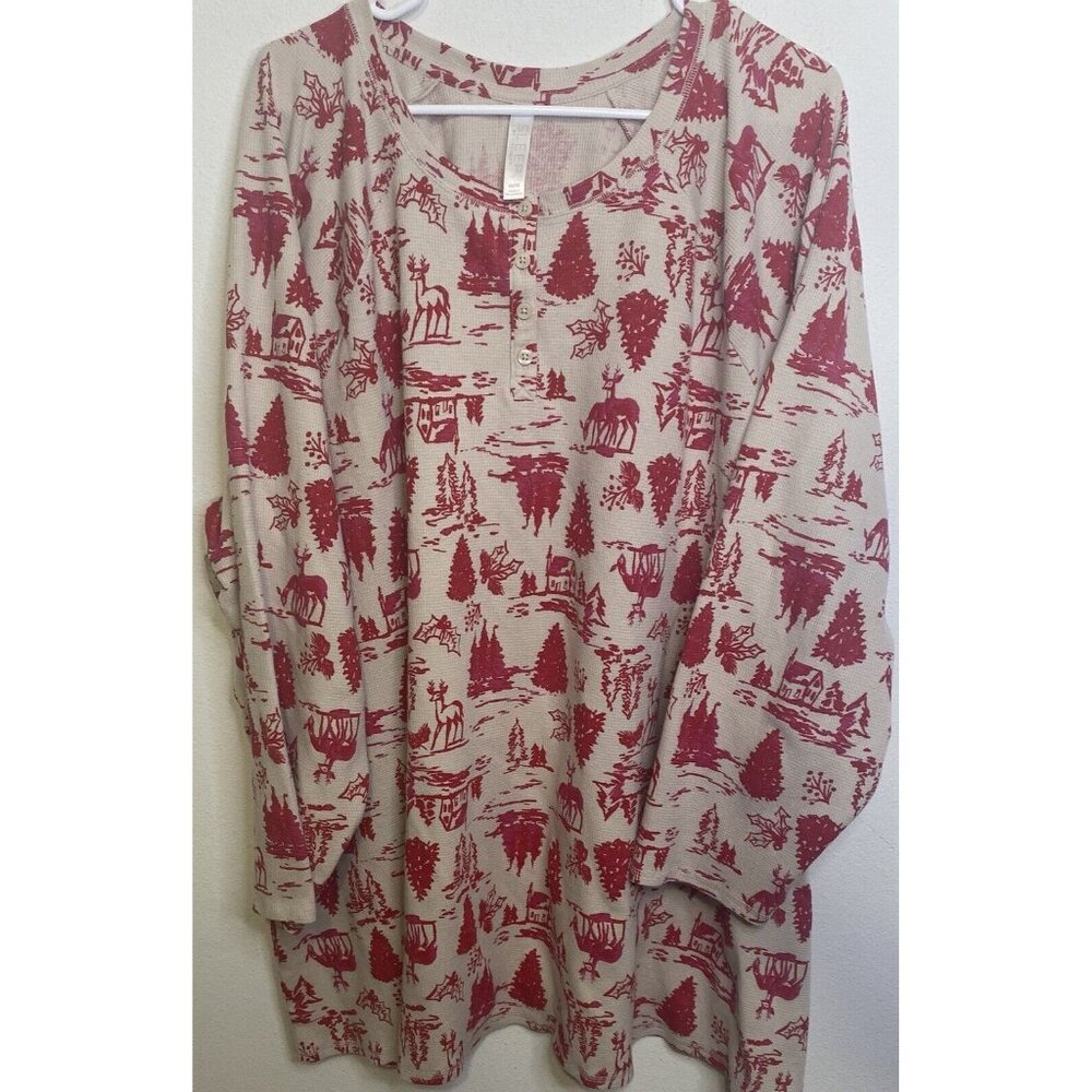 Cacique Sleep Shirt Top Long Sleeve Pajama Plus Size 30 32 Cabin Winter Deer